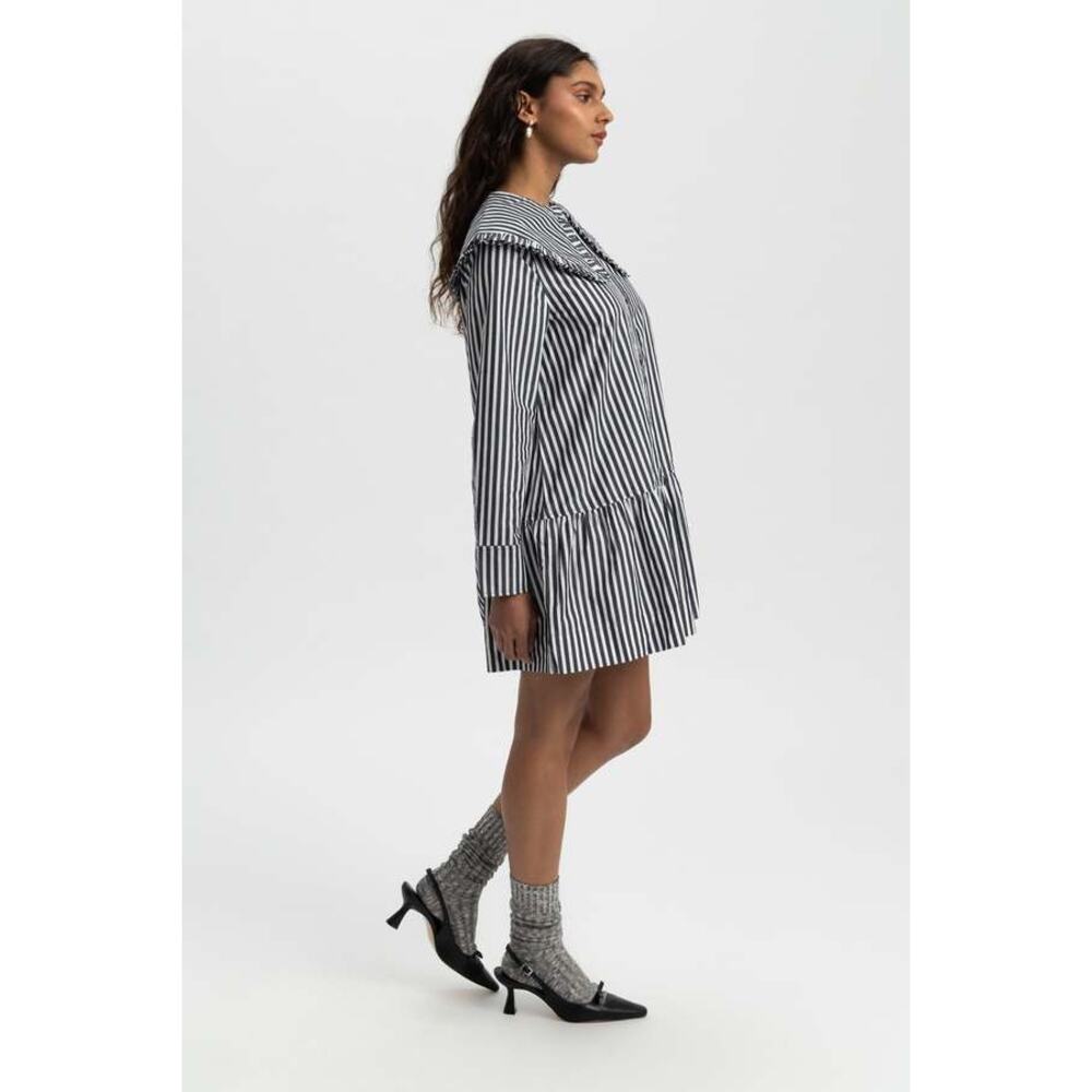 Ganni Organic Cotton Stripe Mini Shirt Dress Sailor Collar 38/US 6 Black White - Picture 2 of 15